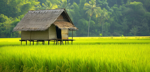 Close exterior view of a bamboo hut on stilts in a tranquil rice paddy, background color: paddy...