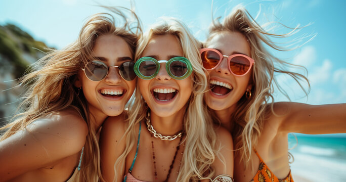 Three young women of different ages and races with blonde hair wearing sunglasses in summer make funny faces