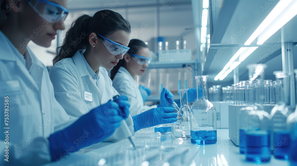 Poster Scientists and flasks in a laboratory, blue and white color scheme. Generative AI.