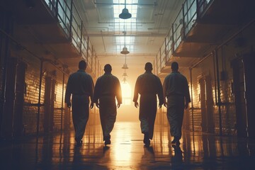 The silhouette of four inmates walking down a prison hall bathed in the golden light of sunset