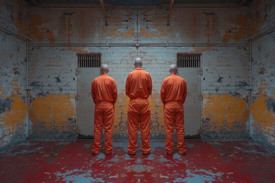 An intense scene of three prisoners in orange jumpsuits facing a decaying prison wall, implying isolation