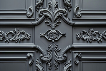 Close view of a Victorian millwork door panel with intricate lacework design against a charcoal...