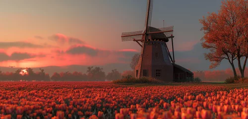 Fotobehang Close exterior view of a traditional windmill house in the tulip fields of Holland, background color: tulip red © Haani