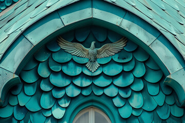 Close-up of a house with design inspired by eagle wings, featuring state-of-the-art materials, against a background color of vibrant turquoise