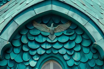 Afwasbaar behang Helix Bridge Close-up of a house with design inspired by eagle wings, featuring state-of-the-art materials, against a background color of vibrant turquoise