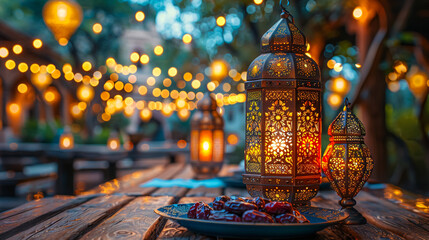 ramadan kareem lantern hang on crescent moon