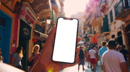a curious tourist stands clutching a smartphone with a blank, white screen in a foreign city 