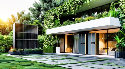 An advanced solar panel system installation. The setting is a sleek, modern outdoor area with a simple, lush green wall as the backdrop. Generative AI.