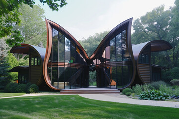 Contemporary design mirroring the shape of an eagle's wings with home automation in a close...