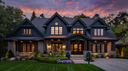 Cozy traditional home exterior in black and dark grey highlighted against a soft violet twilight sky, exterior view - Powered by Adobe