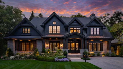  Cozy traditional home exterior in black and dark grey highlighted against a soft violet twilight sky, exterior view © Haani