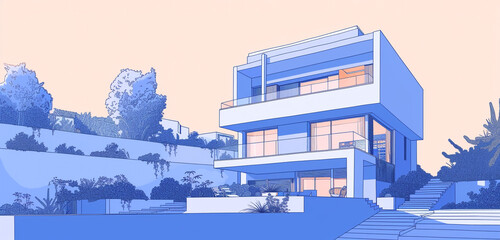 Create a modern house sketch emphasizing outdoor living spaces, against a light periwinkle background