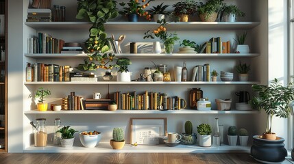 A typical shelving in a house setting. Generative AI. - obrazy, fototapety, plakaty