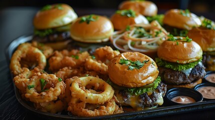 A platter of gourmet sliders served with crispy onion rings and dipping sauce