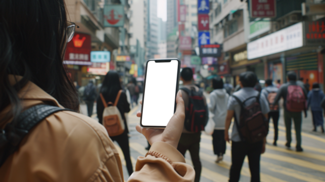 a curious tourist stands clutching a smartphone with a blank, white screen in a foreign city 