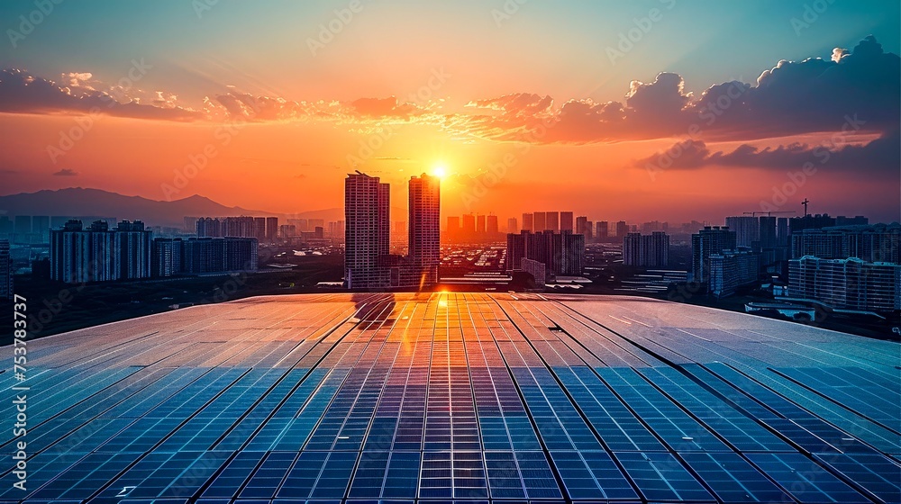 Poster solar panels with the rising sun, and a building behind it. generative ai.
