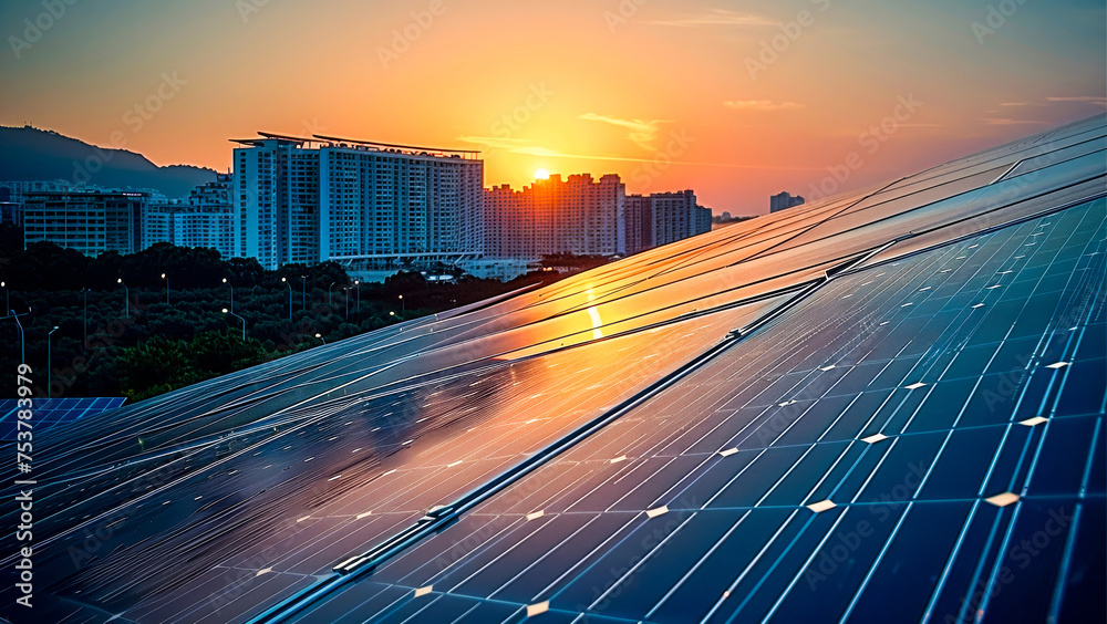 Poster solar panels with the rising sun, and a building behind it. generative ai.