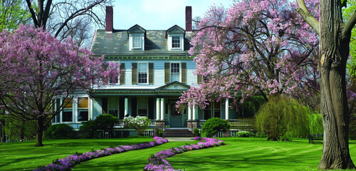 A pastel-colored Cleveland house embodying Colonial Revival design, encircled by a yard with plum...