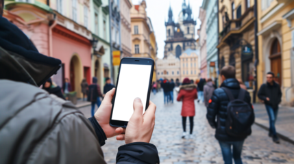 a curious tourist stands clutching a smartphone with a blank, white screen in a foreign city 