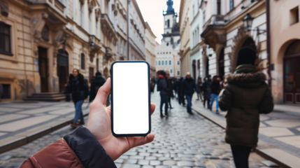 a curious tourist stands clutching a smartphone with a blank, white screen in a foreign city 