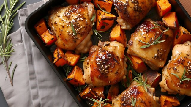 Honey Mustard Glazed Chicken Thighs With Roasted Sweet Potatoes. Food Illustration
