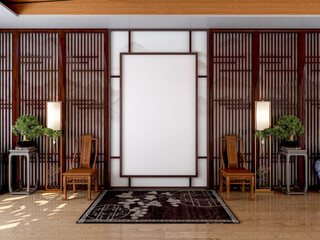 Blank empty canvas picture frame for mock up in Chinese traditional style living room, 3D Rendering
