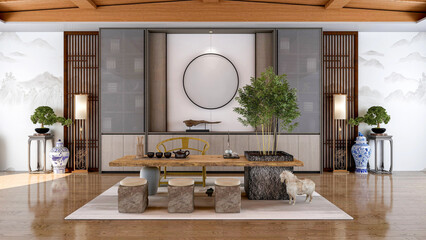 Interior of traditional Chinese style living room with furniture and wooden floor, 3d rendering - obrazy, fototapety, plakaty