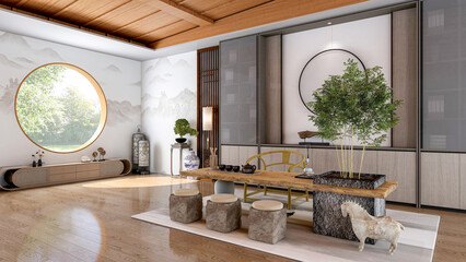 Interior of traditional Chinese style living room with furniture and wooden floor, 3d rendering - 753784352