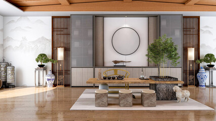 Interior of traditional Chinese style living room with furniture and wooden floor, 3d rendering - 753784365