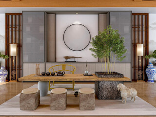 Interior of traditional Chinese style living room with tea table and blank empty frame for mock up, 3d rendering