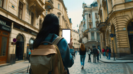 a curious tourist stands clutching a smartphone with a blank, white screen in a foreign city 