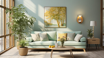 Modern living room in light and calm colors. Loft interior of living room