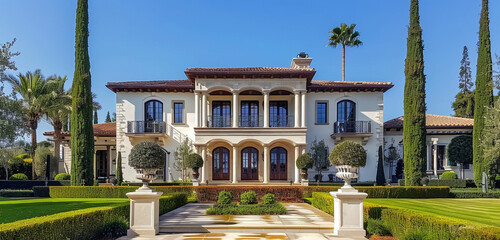 A stately house with a balanced exterior, highlighted by blueberry shrubs instead of papaya trees, under a clear midday sky