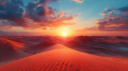 Vibrant sunset over desert dunes with dramatic sky and warm colors. - obrazy, fototapety, plakaty