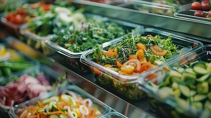 Food in containers, buffet consisting of salads, close up. Generative AI.