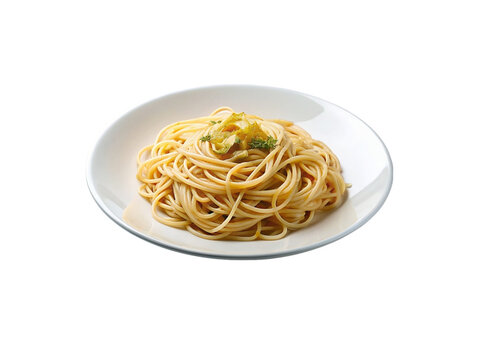 Plate of spaghetti with parsley on transparent background, top view