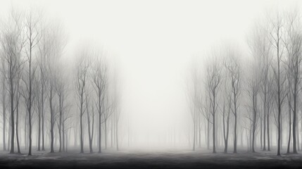 Obraz premium a black and white photo of a forest with trees in the foreground and a foggy sky in the background.