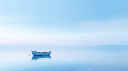 a small boat floating in the middle of a large body of water with a sky and mountains in the background.