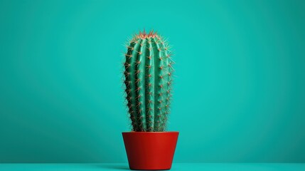 a green cactus in a red pot on a blue background with a green wall in the background and a blue wall in the background. - obrazy, fototapety, plakaty