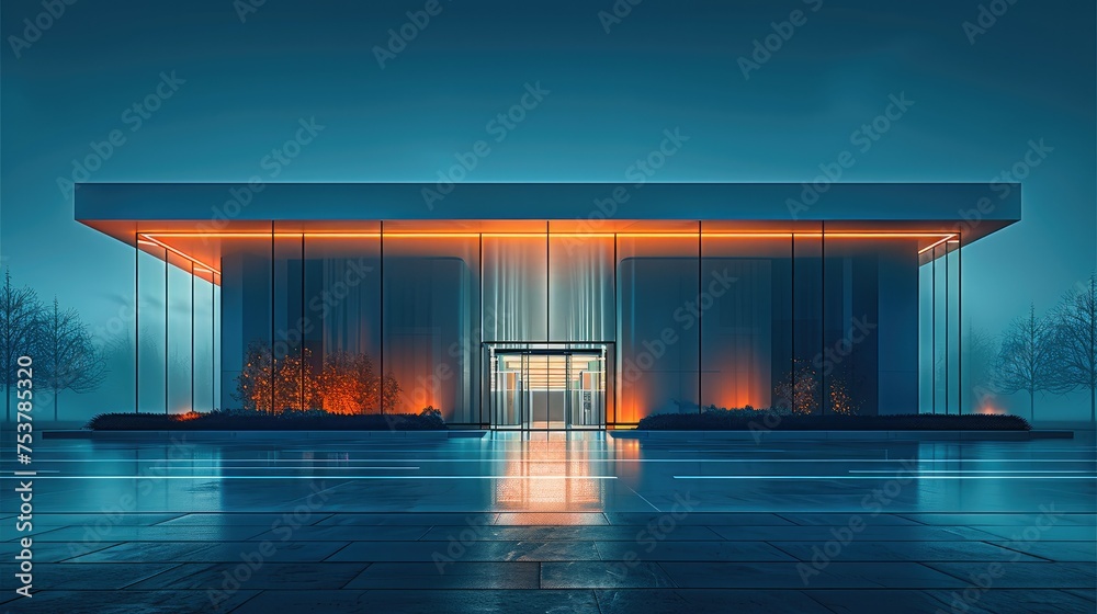 Poster Clean modern minimal building at night. Generative AI.