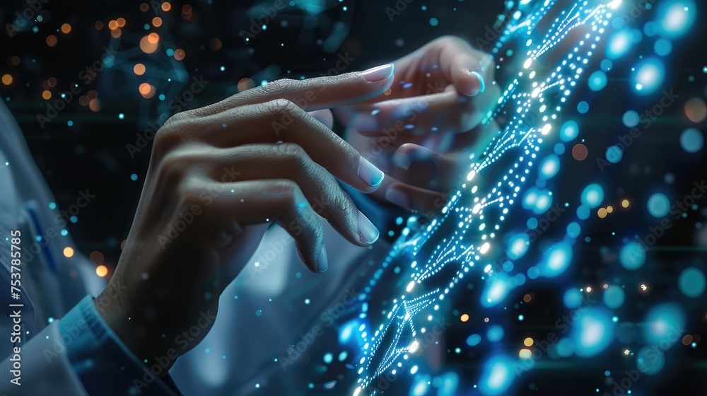 Poster doctor touching electronic medical dna. digital healthcare and network connection on hologram modern