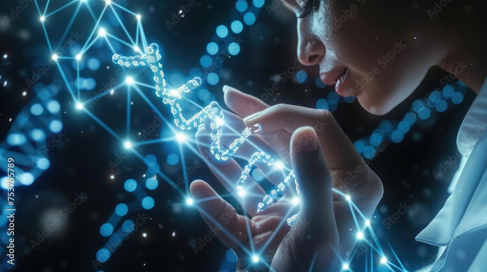 Poster doctor touching electronic medical dna. digital healthcare and network connection on hologram modern