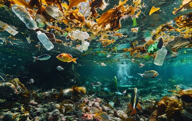 Fototapeta na wymiar Marine animals live on plastic waste under the sea.