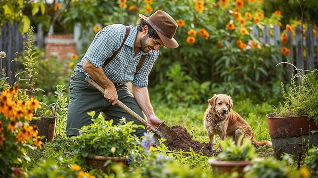 Gr&uuml;ner Daumen: Mann bei der Gartenarbeit, Eigenanbau von Gem&uuml;se und Obst