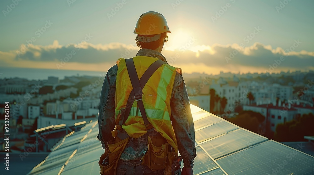 Aufkleber engineer installing solar panels on rooftop. generative ai.