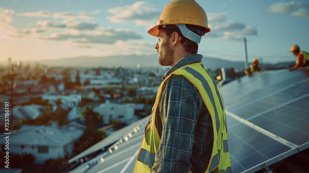 Aufkleber engineer installing solar panels on rooftop. generative ai.