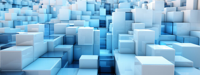 Abstract geometric background with light blue and glass 3d flying cubes. Modern abstract business template.