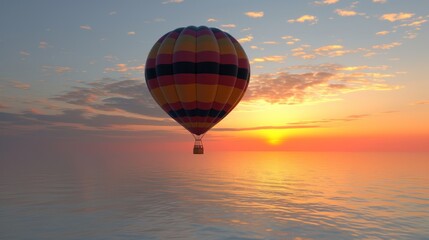 Obraz premium a hot air balloon flying over a large body of water during a sunset or sunrise with clouds in the sky.