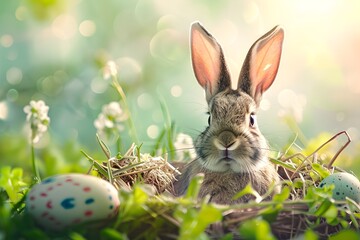 Fototapeta na wymiar Easter Bunny Nestled in a Nest of Eggs, To provide a cheerful and festive image for use in Easter and Spring-themed projects and designs, such as