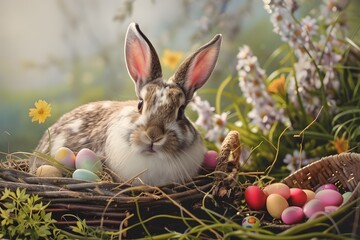 Fototapeta na wymiar Easter Bunny with Eggs in Nest and Basket, To provide a high-quality, visually appealing image of an Easter bunny with eggs for use in advertising,